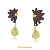 Kemstone 14K ต่างหูสีแดงเข้ม/ขาวไม่สมมาตรผีเสื้อดอกไม้ผู้หญิงต่างหูแบบหยดน้ำ