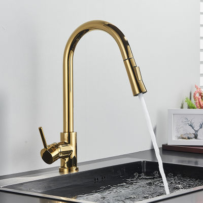 Senlesen Golden Kitchen Faucet Pull Out Stainless Steel Sprayer Deck Mounted Single Handle Kitchen Sink Faucet