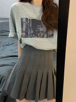 ❁❉ Gray pleated skirt womens 2023 spring and summer a-line skirt covering belly and slimming skirt solid color retro preppy skirt