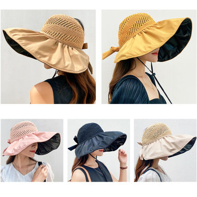 หมวกปีกกว้างสีทึบชายหาดกลางแจ้งป้องกันแสงแดดแสงยูวีนุ่มหมวกแบบคาดสำหรับผู้หญิงฤดูร้อน