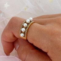 High Quality Pearl Zircon Gold Rings For Woman 2021 New Trendy Korean Jewelry Luxury Party Stainless Steel Statement Ring