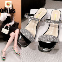 Orfilas รองเท้าแตะแบบสวม, ส้นบล็อกคริสตัลนิ้วเท้า, รองเท้าแตะ rhinestone, ส้นสูงสำหรับผู้หญิง รองเท้าแตะส้นหนา หัวเหลี่ยม ??