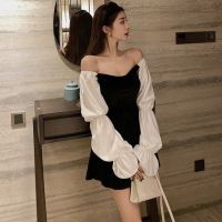 women y dress new 2021 spring summer off shoulder long sleeve patchwork dresses ladies elegant party dress long robe