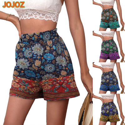 JOJOZ กางเกงสไตล์โบฮีเมียนคร็อปแพนท์ผู้หญิงกางเกงขาสั้นลายดอกไม้ขาสั้นเอวยางยืดเสื้อผ้าเดินทางชายหาด