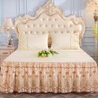 ◄✧☋ Princess Style Ruffles Fitted Bed Sheet Set Luxury Pleated Lace Edge Bed Linen Set High End Embroidery Bedsheet with Bed Skirt