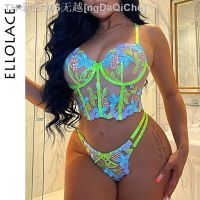 【CW】﹊✣▦  Ellolace Luxury Floral Embroidery Set Woman 2 Pieces Underwire Thongs Intimate