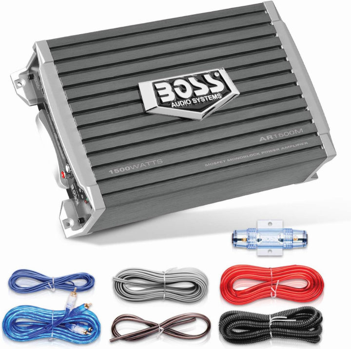 boss-audio-systems-ar1500mk-car-amplifier-and-8-gauge-wiring-kit-1500-watts-max-power-2-4-ohm-stable-class-ab-monoblock-mosfet-power-supply-remote-subwoofer-control-1500-watt-monoblock-with-install-ki