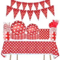 △ Red Polka Dots Theme Party Decorations Disposable Dot Paper Plates Cups Napkins Tablecloths Banners Baby Shower Party Supplies