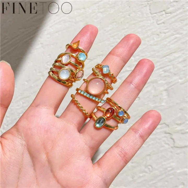 FINE TOO Elegant Gem Crystal Gold Rings Set Simple Design Ring for