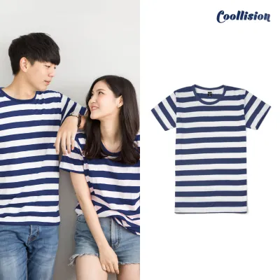 #Coollision-1inch-navy เสื้อยืดลายทางสีกรมท่า-สีขาว เสื้อลายทางคอกลม ริ้ว1นิ้ว unisex ผ้าไม่ลื่น ฝ้าย