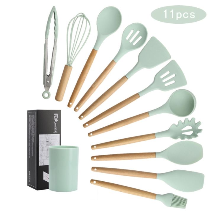 ใหม่ซิลิโคนชุดเครื่องครัวมีด้ามจับไม้-turner-ช้อนซุป-spatula-แปรง-scraper-พาสต้าไข่-beater-อุปกรณ์ทำอาหารในครัว