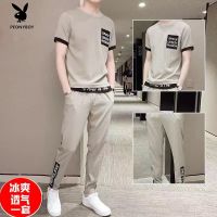 【July hot】 Playboy mens short-sleeved t-shirt summer new ice silk suit fashion casual handsome sportswear two-piece set