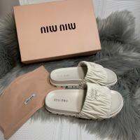 OM~Blue Good-looking miu miuˉDuck~Fold slippers shoes womens 2023 spring new super soft rhombic womens slippers