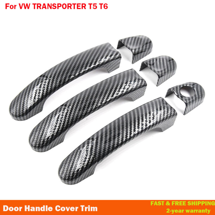 สำหรับโฟล์คสวาเกน-vw-t5-t6-transporter-caravelle-แคดดี้รถตู้ด้านนอกรถมือจับประตูปกตัดกลอสสีดำคาร์บอนไฟเบอร์