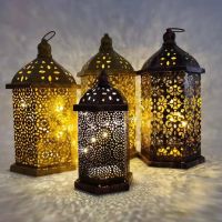 Christmas Ramadan Moroccan Retro Hollow Led Wind Lamp Iron Lantern Hotel Home Bedroom Living Room Atmosphere Decorative Lamp