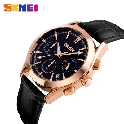 SKMEI ควอตซ์สำหรับผู้ชายนาฬิกาธุรกิจแฟชั่นลำลองนาฬิกาข้อมือ30เมตรกันน้ำปฏิทินสมบูรณ์นาฬิกาหนังผู้ชาย9127