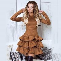 【YF】 BornToGirl Women Spring Autumn Winter Vintage Casual Thick Long Sleeve O Neck Slim High Waist Black Brown Suede Cake Dresses