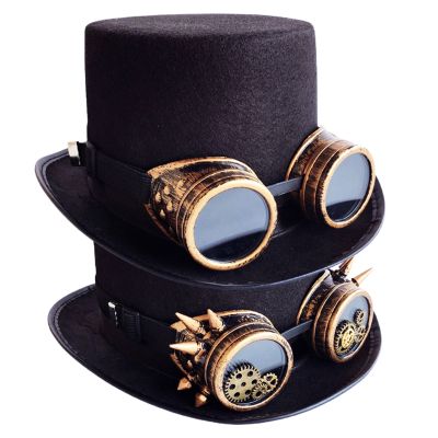 Vintage Black Steampunk Top Hat Gear Glasses Punk Hat Gothic HeadWear Holiday Party Decoration Hat Halloween Accessories