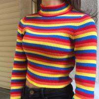 WIT Womens Autumn Long Sleeve Turtleneck Sweater Colorful Rainbow Stripes Short Crop Tops Bodycon Ribbed Knitted Basic Pullover Jumper