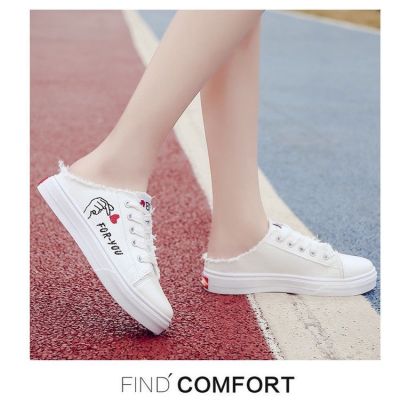 HQ119 รองเท้าผ้าใบนักเรียนหญิง เวอร์ชั่นเกาหลี half drag heelless lazy one pedal รองเท้าสีขาวขนาดเล็ก รองเท้าส้นแบน