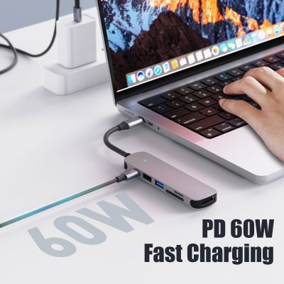 6 In 1ฮับ USB 3.0ที่พ้วง USB แยก USB 4พอร์ต USB 2.0กับ PD60W อะแดปเตอร์สำหรับเลโนโว Macbook เสี่ยวหมี่โปรพีซีฮับชนิด C Splitter Feona