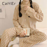 CAIYIER Women Pajamas Suit Autumn Turn-down Collar Yellow Grid Sleepwear Long-sleeved Pants Cartoon Girl Winter Pyjamas Korea