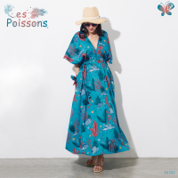 Woman Summer Kaftan Dress - Les Poissons เดรสยาวทรงสวย ผ้าพิมพ์ลายจินตนาการใต้ท้องทะเล