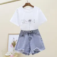 Summer Womens Suit 2022 New Fashion Foreign Style Fried Street Korean Student T-Shirt Denim Shorts Two-Piece Set