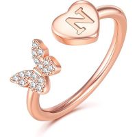 Fashion Exquisite 26 Letters Rings Adjustable Opening Shining Zircon Butterfly Finger Ring For Women Birthday Gift Daily Jewelry