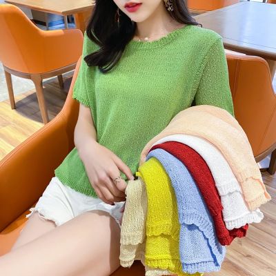 Lace Knitting Womens T-Shirts Summer Tops For Teens White Blouses Cute Loose Short Sleeve Aesthetic Clothes Korean Style
