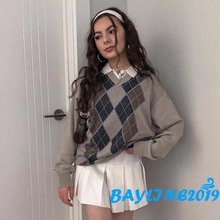 bay-เสื้อสเวตเตอร์ถักสําหรับสตรีแขนยาวคอวีพิมพ์ลายทรงหลวม