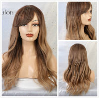 ALAN EATON Long Wavy Ombre Black Dark brown Wig with Bangs Wave Heat Resistant Synthetic Wigs for Women African American Cosplay Gift ของขวัญ