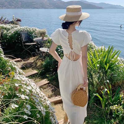 Sexy backless seaside holiday long skirt round collar closed show thin waist hubble-bubble sleeve dress female dress