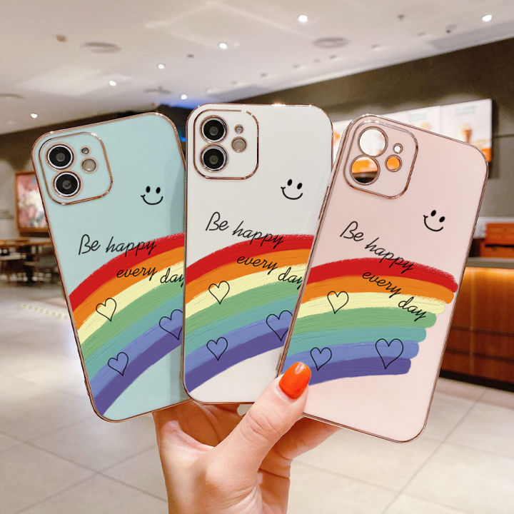 ggk-ปลอกชุบเคสโทรศัพท์ขอบสี่เหลี่ยมรูปหัวใจสีรุ้งฟรีสายคล้องยิ้มได้สำหรับ-y02a-vivo-ชุบหรูหราเคสโทรศัพท์นิ่ม