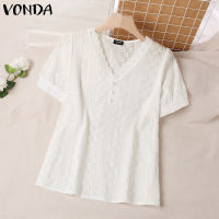 เสื้อแขนพองสั้นลูกไม้หรูหราผู้หญิง VONDA เสื้อคอวีหลวมสีพื้น (ลำลองเกาหลี) #2