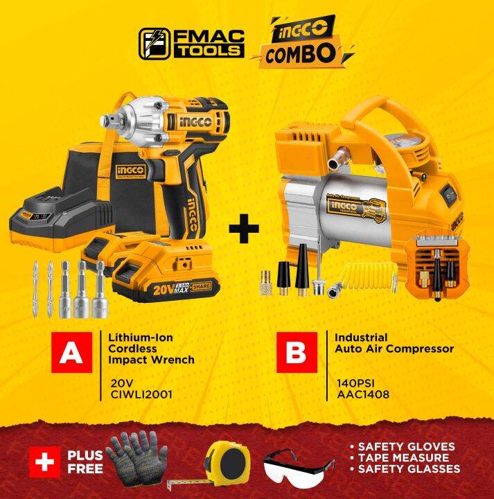 INGCO COMBO LithiumIon Impact Wrench 20V CIWLI2001 + Auto Air