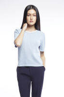 ESPADA เสื้อนิตวาฟเฟิลแต่งไข่มุก ผู้หญิง สีน้ำเงินเข้ม | Waffle Knit Top with Pearl Decor | 4707