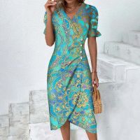 【YF】 Summer New Womens Dress Elegant Bubble Sleeves Irregular Hem Dresses Geometric Collage Casual Fit Pullover Female Vestidos