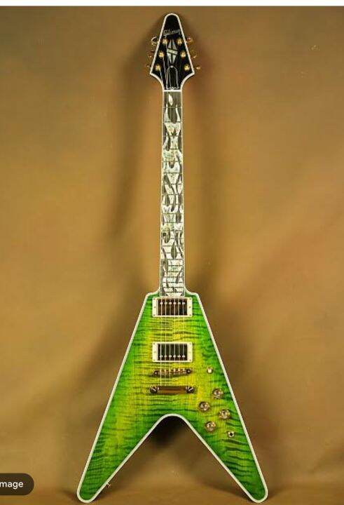 Classic Gibson Custom Flying V Green Flame Maple Top Electric Guitar Blaze Abalone Inlay 6648