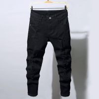 【YD】 Men Biker Ripped Denim Trousers Jeans pocket Young Man Jogging Pants ​Destroyed Stretchy