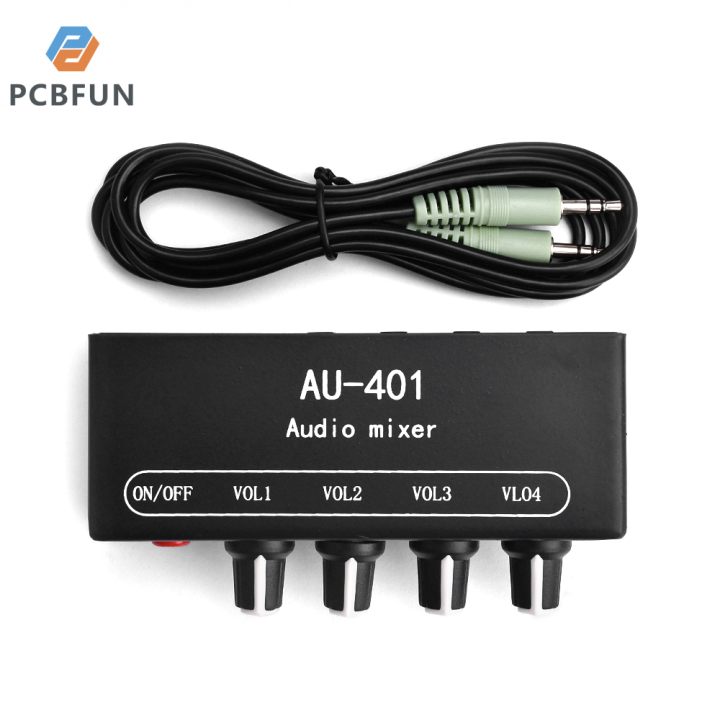 pcbfun-dc5-12v-au-401-4ช่องเครื่องมิกซ์เสียงสเตอริโออินพุตสี่ช่องเอาต์พุตหนึ่งช่องพร้อมตัวปิดสำหรับเครื่องผสม