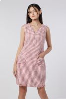 EP เดรสผ้าทวีตทรงตรงลายฮาวส์ทูธ ผู้หญิง สีแดง | Houndstooth Tweed Shift Dress | 4508