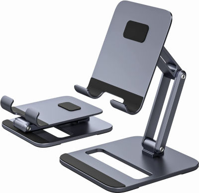 Laxarmer ???????????????????????? Tablet Stand Holder for Desk, 2-Stage Foldable Adjustable Desktop Aluminum Stand Dock, Thick Case Friendly iPad Holder Stand Compatible with iPad Air Mini Pro 9.7,12.9-Grey 2-Section arm