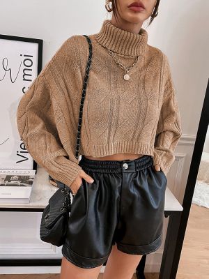♞ Fashion With Ribbed Trim Loose Knit Sweater Neck Batwing Sleeve Female Pullovers Top