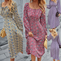 Design fashion French squar collar dress elegant for women 2021 autumn winter long-sleeved romantic printed midi vintage dress