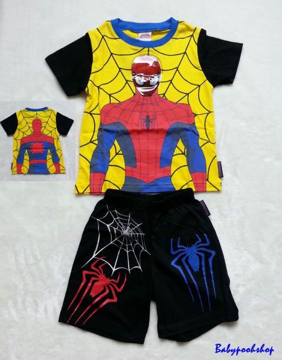 MARVEL : set เสื้อสีเหลือง + กางเกง spider man มีไฟ กระพริบที่ตา  *** 290 ฿   Size : S (2-3y )