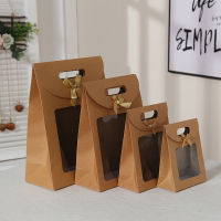 10pcs Ribbon Gift Box Handle Hand Poket with Cover Lid Thick Kraft Window Show Decor Package Box Kraft Paper Folding Flower Bag