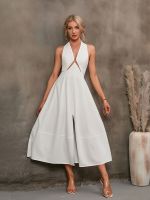 ZZOOI Summer Backless Split Sexy Dress Women Designer Hollow Out Elegant Midi Dress Female Casual Hang Neck Slim Chic Party Dress 2022