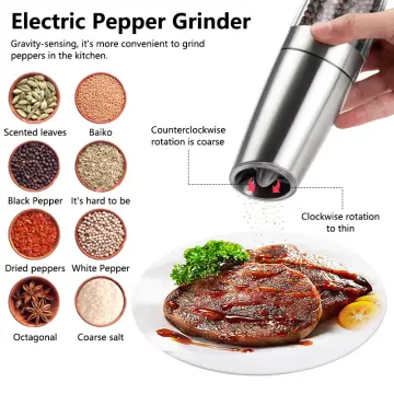 Gravity Electric Pepper and Salt Grinder Set, Adjustable Coarseness, Battery Powered with LED Light, One Hand Automatic Operation, Khaki, 2 Pack