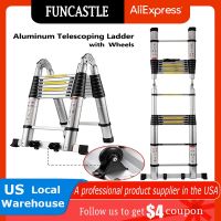 Telescoping Ladder 16.5FT A Frame Aluminum Extension Ladder with Movable Wheels Portable Telescopic Collapsible Ladder for Home